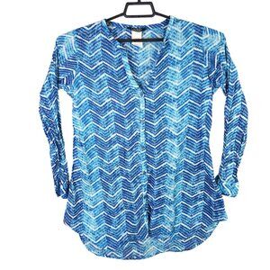Womens Lauren Ralph Lauren Blue Chevron Blouse Button Down V Neck Long Sleeve S